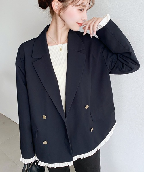 moment+(モーメントプラス)の「マットゴールド釦配色フリルピンストライプWテーラージャケット(テーラードジャケット・レディース・ネイビー/ベージュ/ブラック/チャコールグレー/ブラウン・M/L)」の5枚目の写真