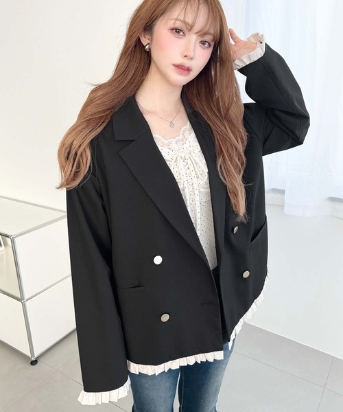 moment+(モーメントプラス)の「マットゴールド釦配色フリルピンストライプWテーラージャケット(テーラードジャケット・レディース・ネイビー/ベージュ/ブラック/チャコールグレー/ブラウン・M/L)」の16枚目の写真