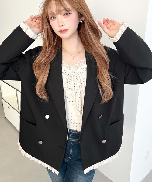 moment+(モーメントプラス)の「マットゴールド釦配色フリルピンストライプWテーラージャケット(テーラードジャケット・レディース・ネイビー/ベージュ/ブラック/チャコールグレー/ブラウン・M/L)」の17枚目の写真