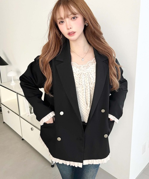 moment+(モーメントプラス)の「マットゴールド釦配色フリルピンストライプWテーラージャケット(テーラードジャケット・レディース・ネイビー/ベージュ/ブラック/チャコールグレー/ブラウン・M/L)」の18枚目の写真