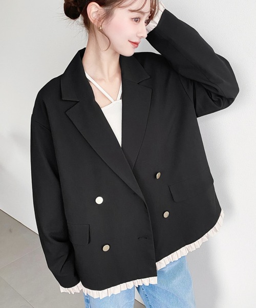 moment+(モーメントプラス)の「マットゴールド釦配色フリルピンストライプWテーラージャケット(テーラードジャケット・レディース・ネイビー/ベージュ/ブラック/チャコールグレー/ブラウン・M/L)」の20枚目の写真