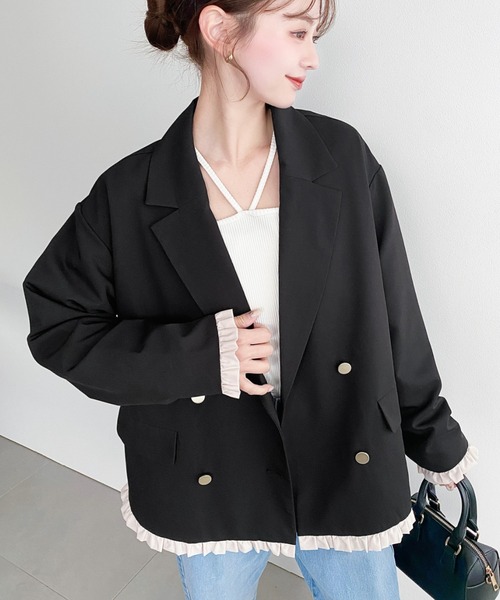 moment+(モーメントプラス)の「マットゴールド釦配色フリルピンストライプWテーラージャケット(テーラードジャケット・レディース・ネイビー/ベージュ/ブラック/チャコールグレー/ブラウン・M/L)」の21枚目の写真