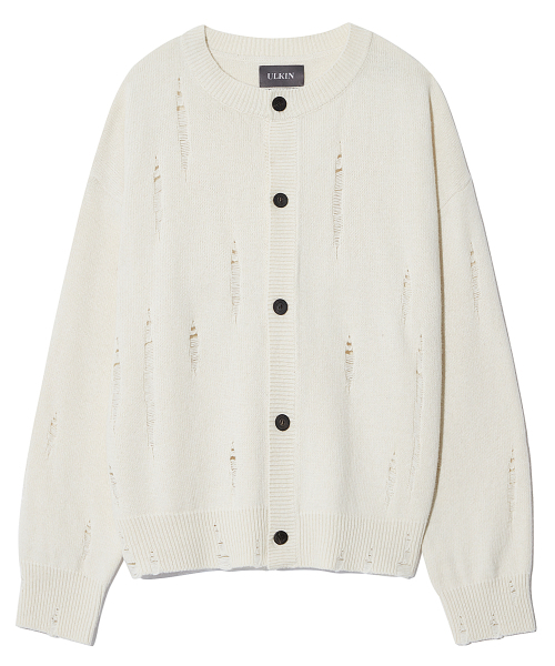 Damage Round Knit Cardigan_Ivory