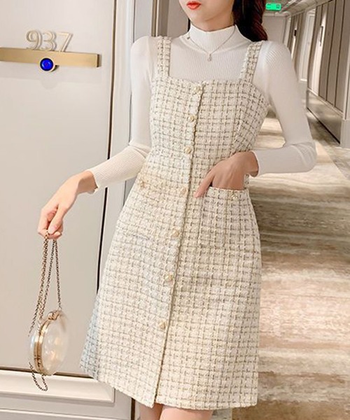 GLAMOROUS JANE(グラマラスジェーン)の「ツイードジャンスパースカート(ジャンパースカート・レディース・ホワイト/ブラック・L/M)」の1枚目の写真