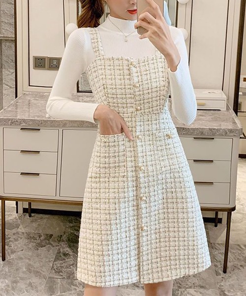 GLAMOROUS JANE(グラマラスジェーン)の「ツイードジャンスパースカート(ジャンパースカート・レディース・ホワイト/ブラック・L/M)」の3枚目の写真