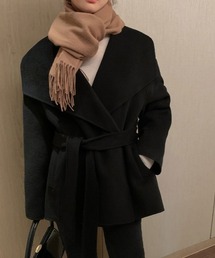 襟付きミドル丈メルトンコートベルト付き