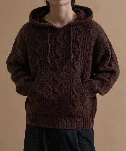 epnok（エプノック）の「ケーブルルーズニットパーカー（パーカー・メンズ・グレイッシュベージュ/チャコールグレー/ダークブラウン/ボルドー・SMALL/MEDIUM/LARGE）」の3枚目の写真