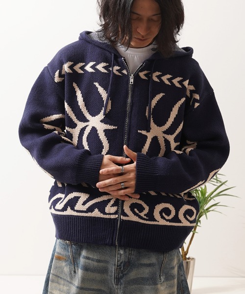 Laufer(ロイファー)の「【Laufer】 Wジャガード ニット ZIPパーカー / Double Jacquard Knit Zip-Up Hoodie(パーカー・メンズ・ブラウン/ネイビー/ブラック・L/M)」の3枚目の写真