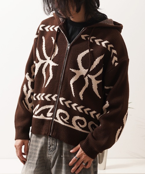 Laufer(ロイファー)の「【Laufer】 Wジャガード ニット ZIPパーカー / Double Jacquard Knit Zip-Up Hoodie(パーカー・メンズ・ブラウン/ネイビー/ブラック・L/M)」の2枚目の写真