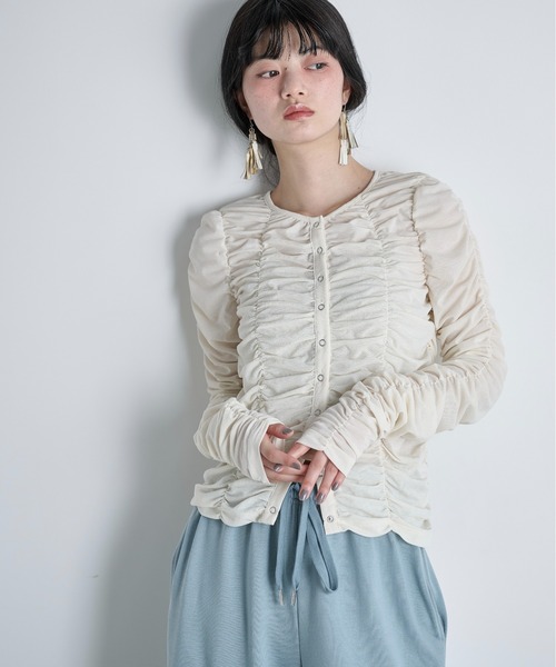 THE YOn（ザヨン）の「2WAYシャーリングシアーカーディガン（Tシャツ/カットソー・レディース・ライム/ブラウン/ブラック/アイボリー・FREE）」の2枚目の写真