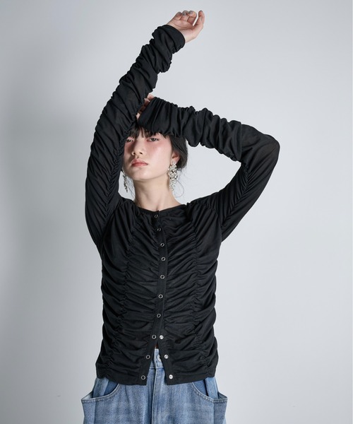 THE YOn（ザヨン）の「2WAYシャーリングシアーカーディガン（Tシャツ/カットソー・レディース・ライム/ブラウン/ブラック/アイボリー・FREE）」の19枚目の写真