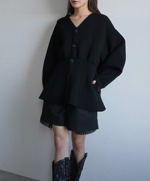 v neck volume sleeve peplum ponte tops（その他トップス