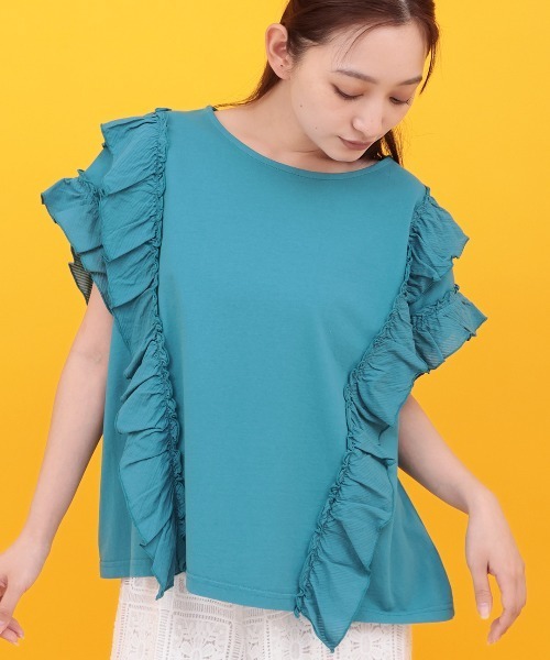 チチカカ(チチカカ)の「Orale! 異素材フリルプルオーバー(Tシャツ/カットソー・レディース・ブルー/チャコールグレー・FREE)」の1枚目の写真