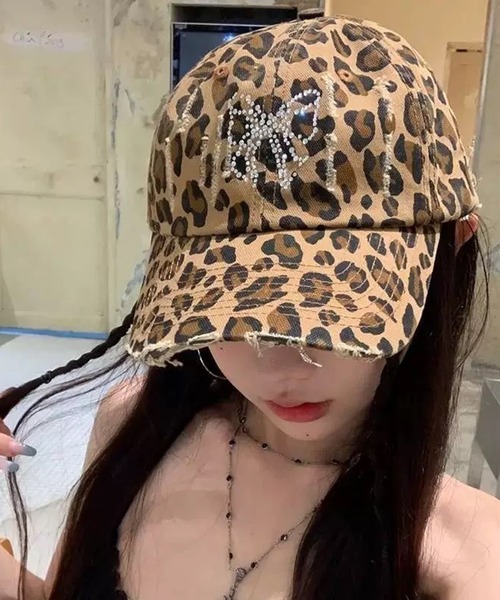 ラインストーンリボン ヒョウ柄キャップ（キャップ）｜NANEA（ナネア