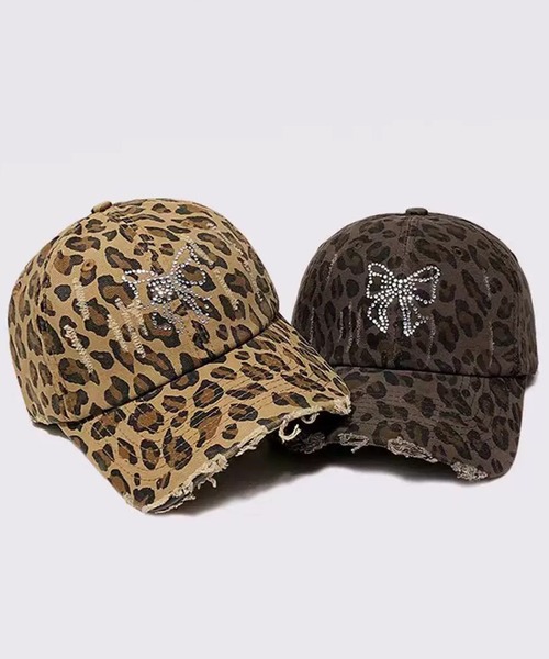 NANEA（ナネア）の「ラインストーンリボン ヒョウ柄キャップ（キャップ・レディース・ブラウン/ベージュ・フリー）」の4枚目の写真