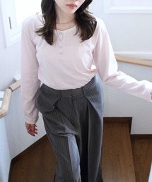 レイヤードヘンリーネックT / 重ね着 配色デザイン シンプル 韓国 カジュアル ピンク ブルー グレー パステルカラー