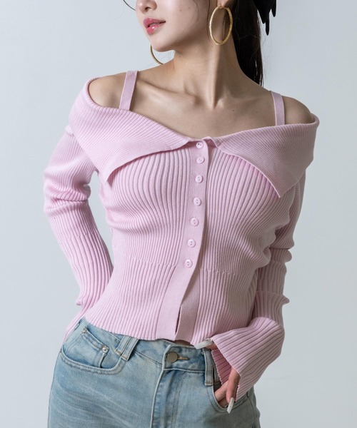 ANAP(アナップ)の「リブニット オフショルダー トップス(ニット/セーター・レディース・ピンク/アイボリー/ブラック・F)」の3枚目の写真