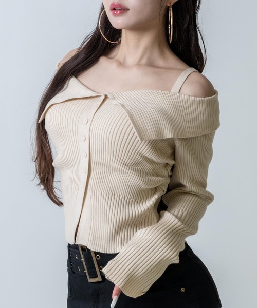 ANAP(アナップ)の「リブニット オフショルダー トップス(ニット/セーター・レディース・ピンク/アイボリー/ブラック・F)」の1枚目の写真