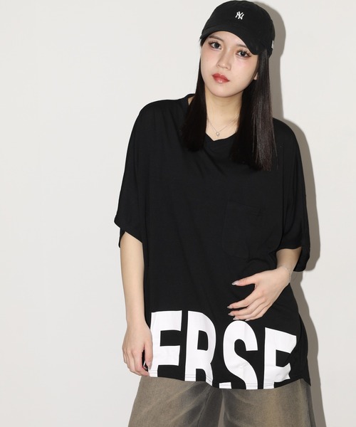 FUNALIVE（ファンアライブ）の「前後ロゴ裾ラウンドVネックドルマンT 半端袖（Tシャツ/カットソー・レディース・パープル/ホワイト/ブラック・L）」の11枚目の写真