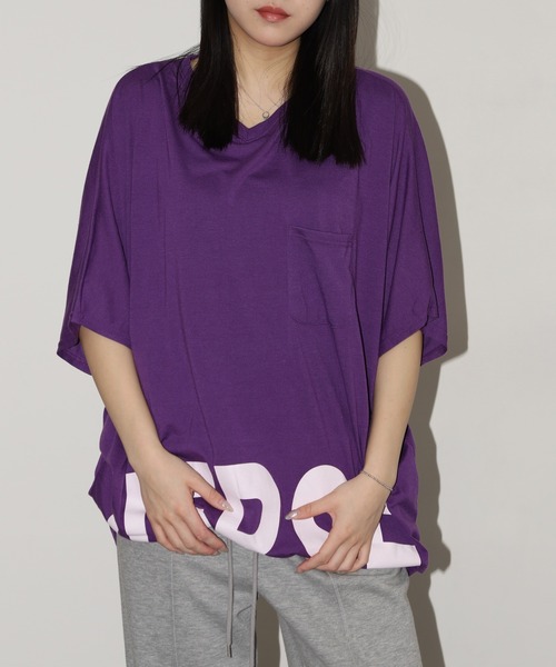 FUNALIVE（ファンアライブ）の「前後ロゴ裾ラウンドVネックドルマンT 半端袖（Tシャツ/カットソー・レディース・パープル/ホワイト/ブラック・L）」の21枚目の写真