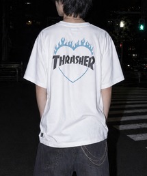 【at】〔THRASHER/スラッシャー〕別注 ファイアーハート ワンポイントロゴ刺繍 クルーネック半袖Tシャツ S~Lサイズ展開