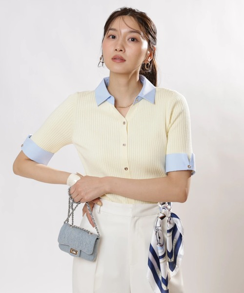 JUSGLITTY(ジャスグリッティー)の「配色シャツカラー5分袖ニット(ニット/セーター・レディース・ブルー系その他3/ホワイト/オレンジ/ネイビー/ライトイエロー・2)」の1枚目の写真