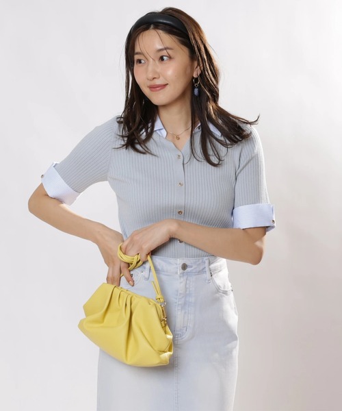 JUSGLITTY(ジャスグリッティー)の「配色シャツカラー5分袖ニット(ニット/セーター・レディース・ブルー系その他3/ホワイト/オレンジ/ネイビー/ライトイエロー・2)」の4枚目の写真
