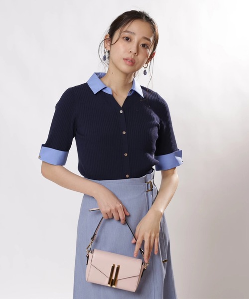 JUSGLITTY(ジャスグリッティー)の「配色シャツカラー5分袖ニット(ニット/セーター・レディース・ブルー系その他3/ホワイト/オレンジ/ネイビー/ライトイエロー・2)」の6枚目の写真