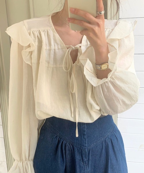 VIBGYOR（ヴィブジョー）の「【TUNE】リブフリルブラウス（シャツ/ブラウス・レディース・ホワイト・FREE）」の3枚目の写真