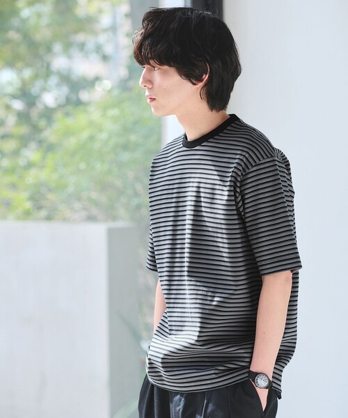 green label relaxing(グリーンレーベルリラクシング)の「ポンチ ボーダー クルーネック 半袖 Tシャツ カットソー(Tシャツ/カットソー・メンズ・ライトグレー/ブラック・S/XL/L/M)」の1枚目の写真