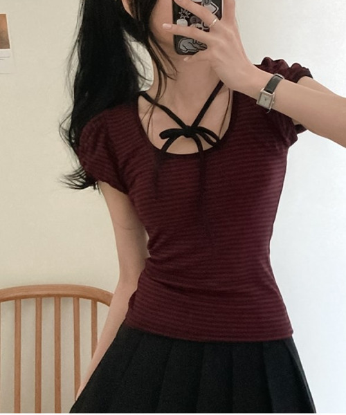 VIVID LADY（ビビッドレディー）の「ネックリボン ボーダー パフスリーブ トップス（Tシャツ/カットソー・レディース・ワイン/ブラウン/グレー・FREE）」の21枚目の写真