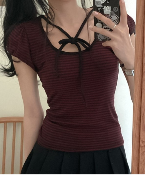 VIVID LADY（ビビッドレディー）の「ネックリボン ボーダー パフスリーブ トップス（Tシャツ/カットソー・レディース・ワイン/ブラウン/グレー・FREE）」の22枚目の写真