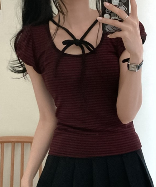 VIVID LADY（ビビッドレディー）の「ネックリボン ボーダー パフスリーブ トップス（Tシャツ/カットソー・レディース・ワイン/ブラウン/グレー・FREE）」の5枚目の写真