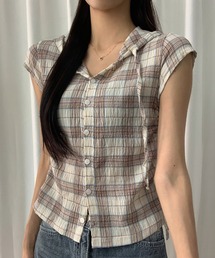 サイドシャーリングフード付き半袖チェックシャツ