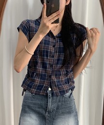サイドシャーリングフード付き半袖チェックシャツ