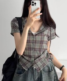 サイドシャーリングフード付き半袖チェックシャツ