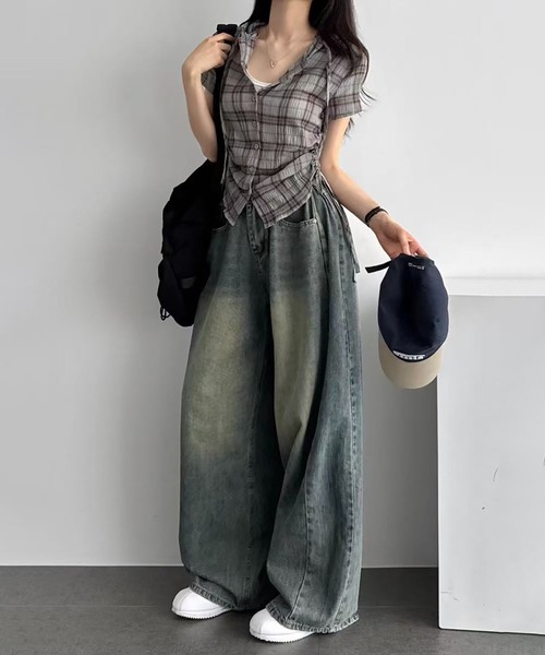 LAFFMO(ラフモ)の「サイドシャーリングフード付き半袖チェックシャツ(シャツ/ブラウス・レディース・グリーン/ネイビー/ベージュ・F)」の9枚目の写真