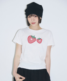 チェックストロベリーアップリケTシャツ[ホワイト]