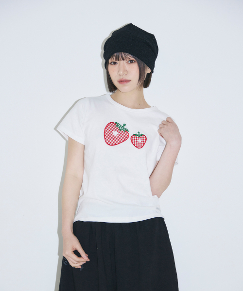 SLEEKGLOW（スリック グロウ）の「チェックストロベリーアップリケTシャツ[ホワイト]（Tシャツ/カットソー・レディース・その他・FREE）」の5枚目の写真