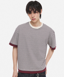 レイヤードストライプクロップTシャツバルガンディ