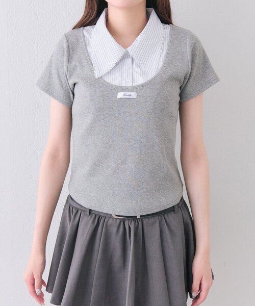 OLIVE des OLIVE(オリーブデオリーブ)の「レース衿レイヤードトップス(Tシャツ/カットソー・レディース・トップグレー/ブラック/ベージュ/ピンク・FREE)」の14枚目の写真