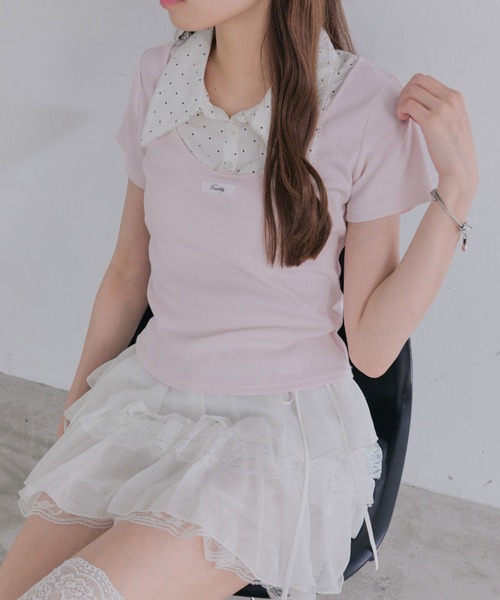OLIVE des OLIVE(オリーブデオリーブ)の「レース衿レイヤードトップス(Tシャツ/カットソー・レディース・トップグレー/ブラック/ベージュ/ピンク・FREE)」の4枚目の写真