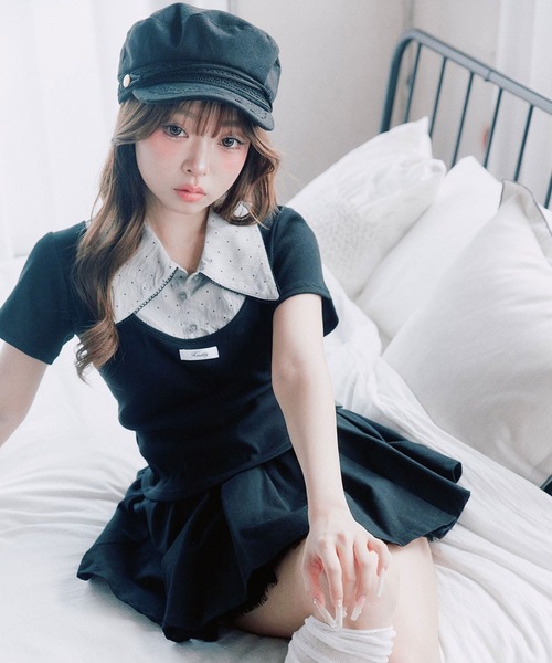 OLIVE des OLIVE(オリーブデオリーブ)の「レース衿レイヤードトップス(Tシャツ/カットソー・レディース・トップグレー/ブラック/ベージュ/ピンク・FREE)」の2枚目の写真