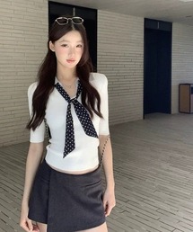 韓国風 ドット柄ネクタイデザイン半袖トップス