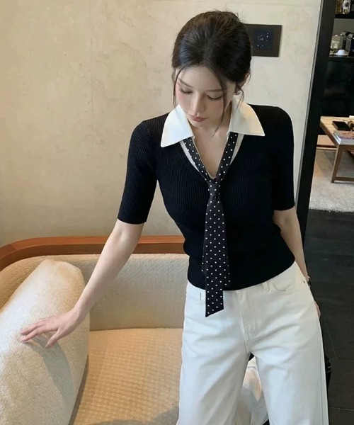 Alvia（アルビア）の「韓国風 ドット柄ネクタイデザイン半袖トップス（Tシャツ/カットソー・レディース・ブラック/ホワイト・M）」の17枚目の写真