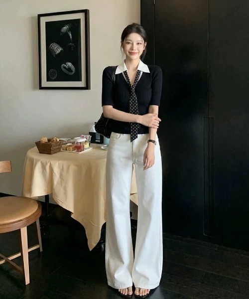 Alvia（アルビア）の「韓国風 ドット柄ネクタイデザイン半袖トップス（Tシャツ/カットソー・レディース・ブラック/ホワイト・M）」の7枚目の写真