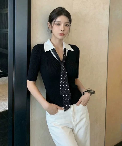 Alvia（アルビア）の「韓国風 ドット柄ネクタイデザイン半袖トップス（Tシャツ/カットソー・レディース・ブラック/ホワイト・M）」の16枚目の写真