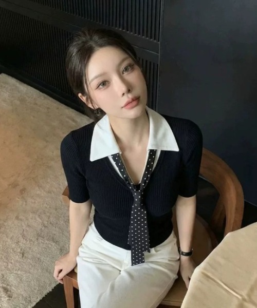 Alvia（アルビア）の「韓国風 ドット柄ネクタイデザイン半袖トップス（Tシャツ/カットソー・レディース・ブラック/ホワイト・M）」の8枚目の写真