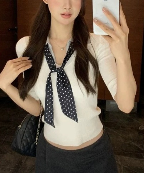 Alvia（アルビア）の「韓国風 ドット柄ネクタイデザイン半袖トップス（Tシャツ/カットソー・レディース・ブラック/ホワイト・M）」の15枚目の写真