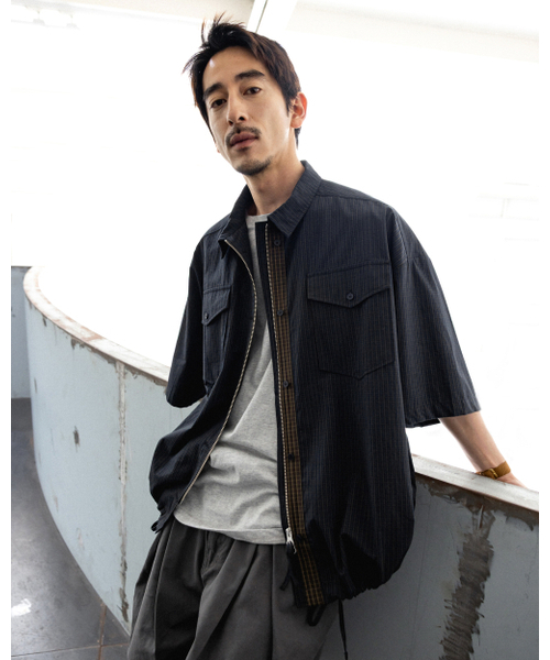 ANGLAN(アングラン)の「Check Zip-Up Half Shirt - Navy(シャツ/ブラウス・メンズ・その他・1/2)」の3枚目の写真